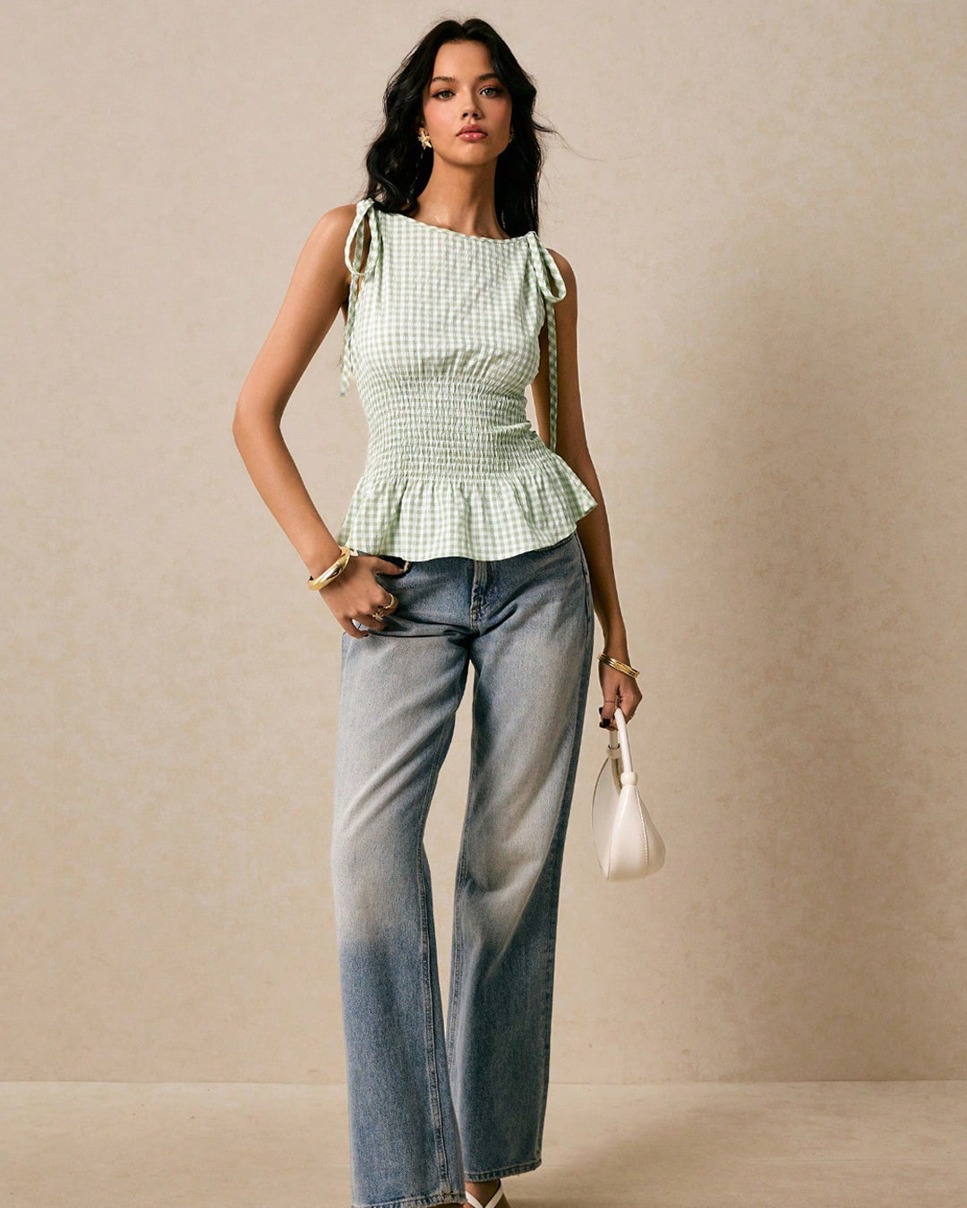 Gingham Smocked Tie Strap Crop Top in Light Green
