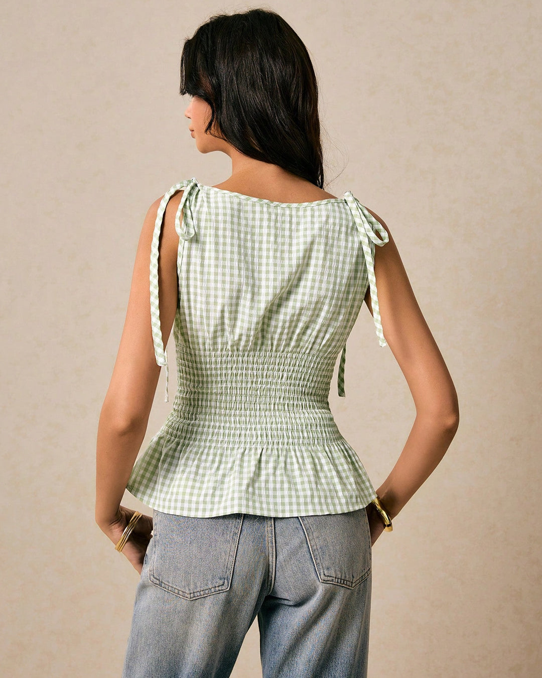 Gingham Smocked Tie Strap Crop Top in Light Green