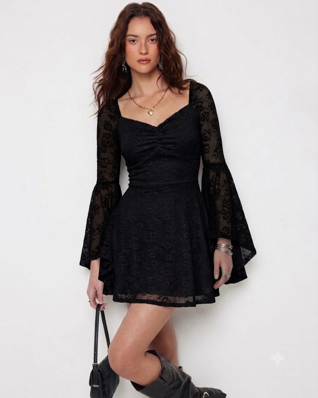 Sweetheart Neck Lace Fit & Flare Dress in Black