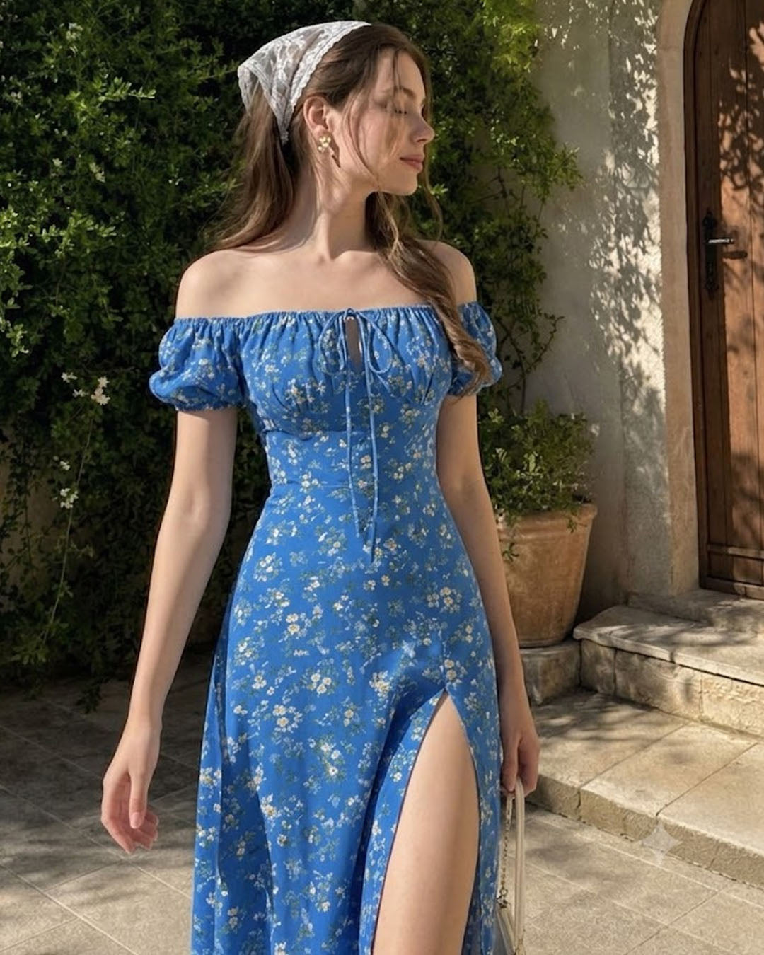 Off-Shoulder Puff Sleeve Cinched Maxi Dress in Royal Blue