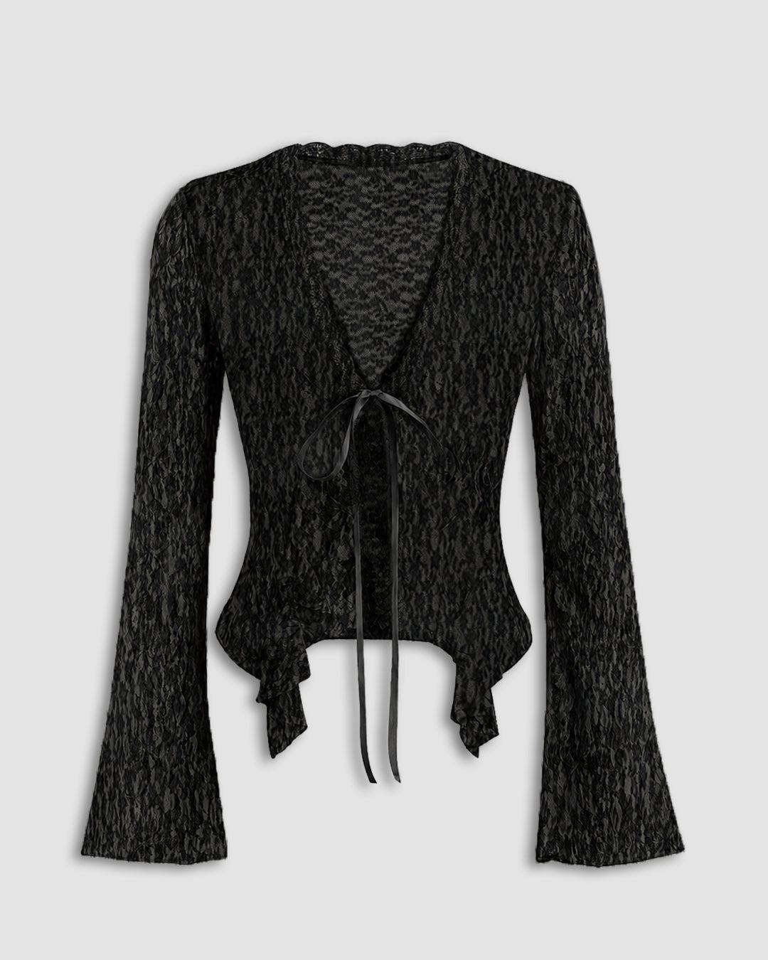 Lace Trim Ruffle Hem Tie Front Bell Sleeve Top in Classic Black