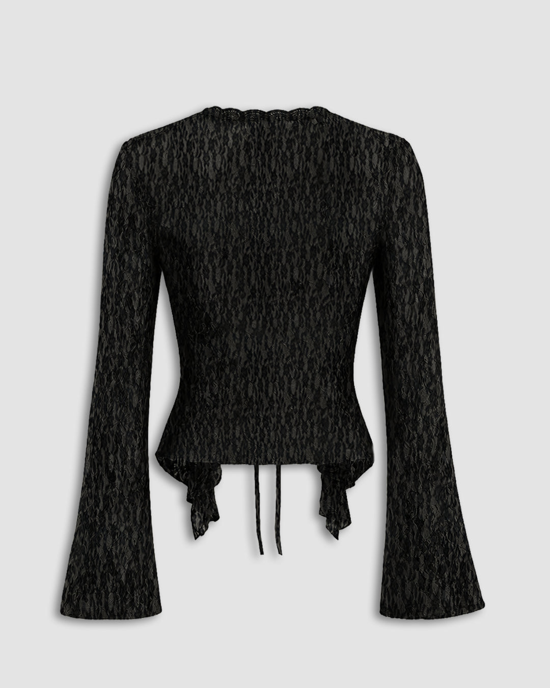 Lace Trim Ruffle Hem Tie Front Bell Sleeve Top in Classic Black