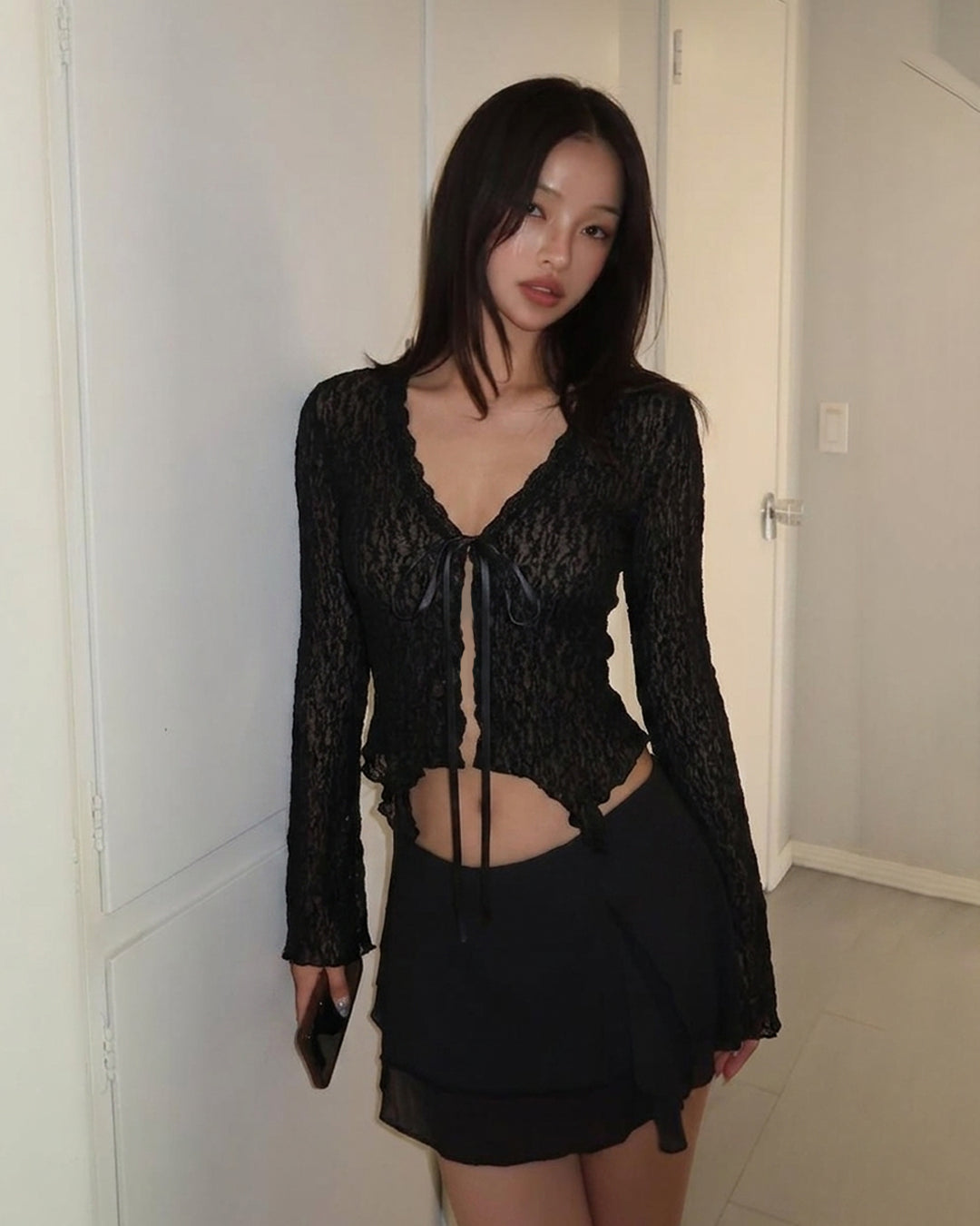 Lace Trim Ruffle Hem Tie Front Bell Sleeve Top in Classic Black