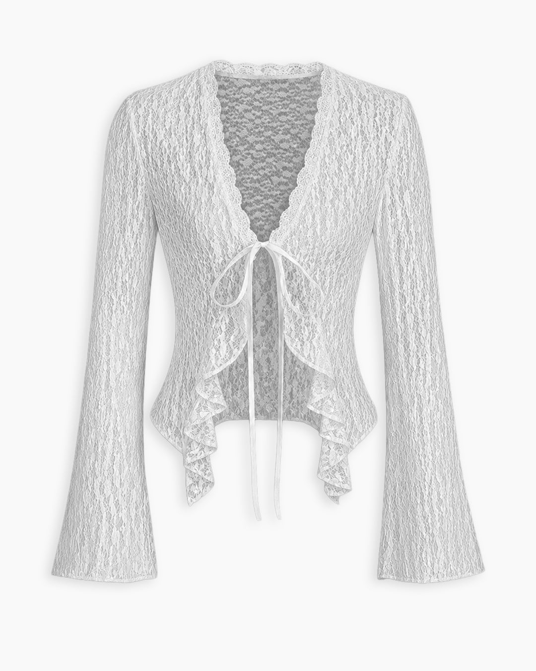 Lace Trim Ruffle Hem Tie Front Bell Sleeve Top in Off White
