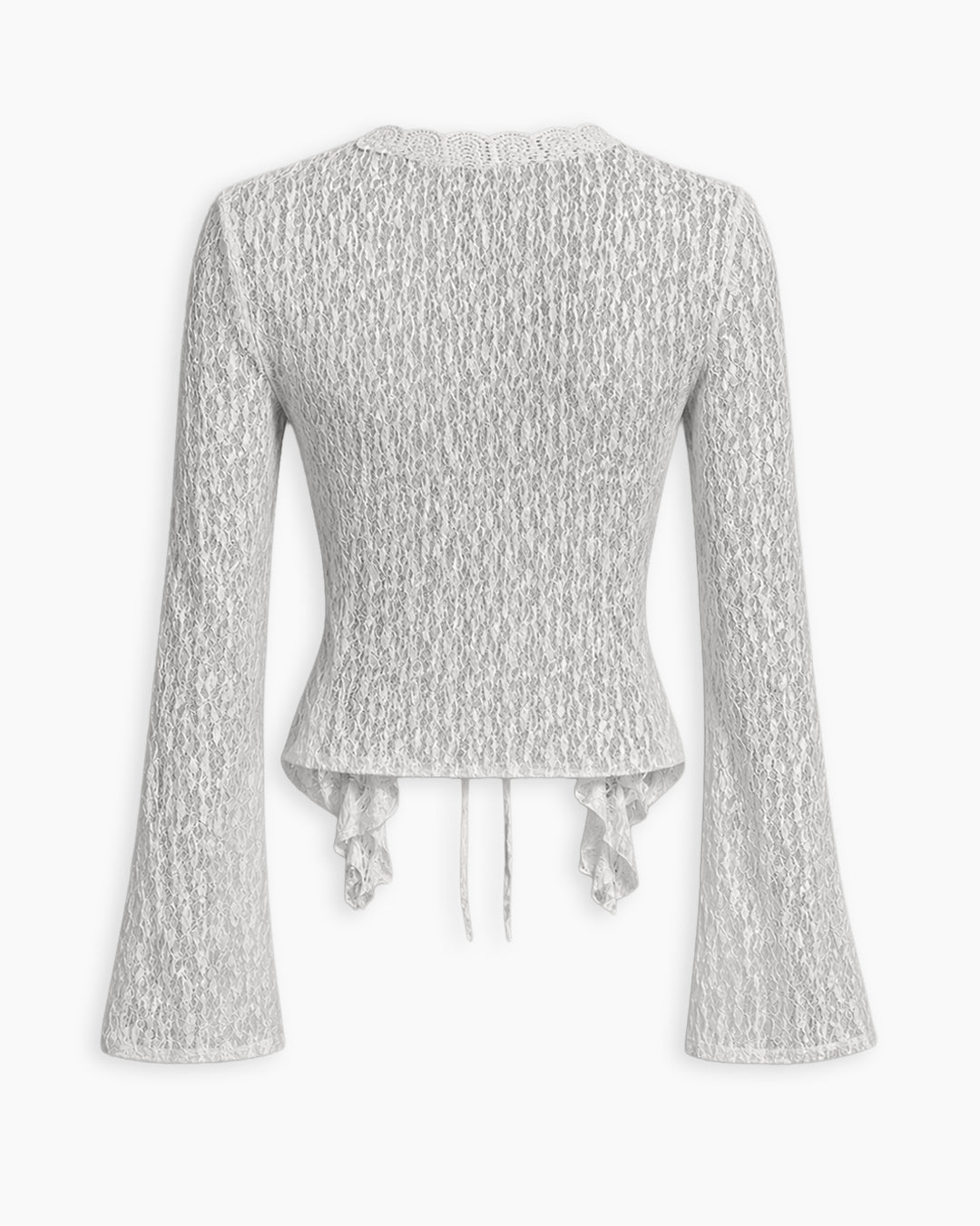 Lace Trim Ruffle Hem Tie Front Bell Sleeve Top in Off White