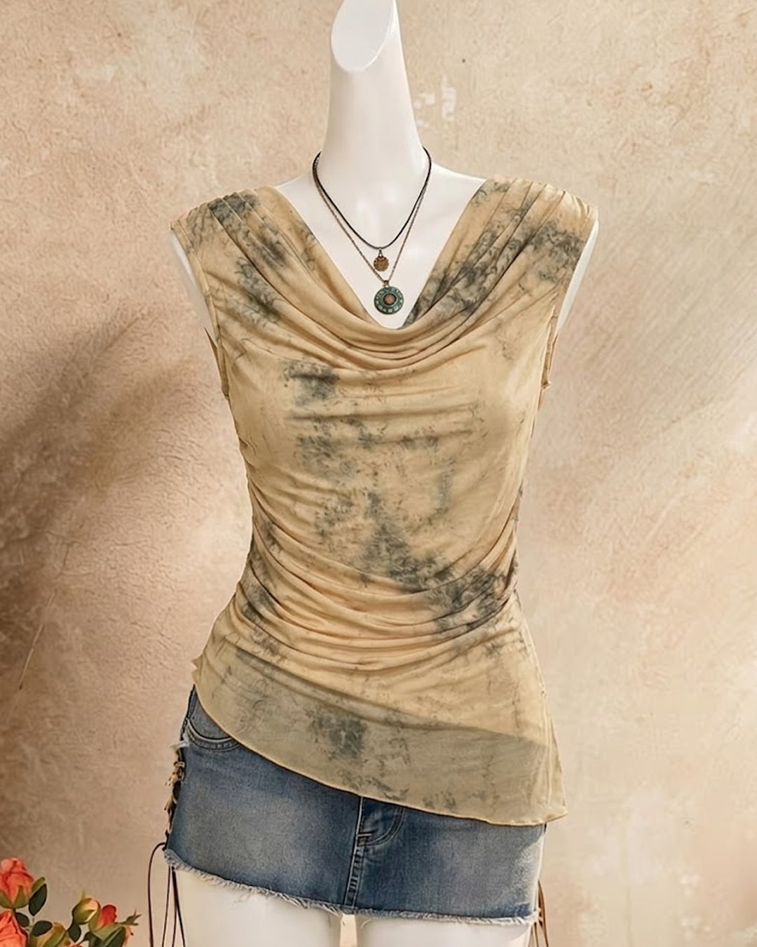 Abstract Cowl Neck Ruched Asymmetrical Hem Sleeveless Top in Cream