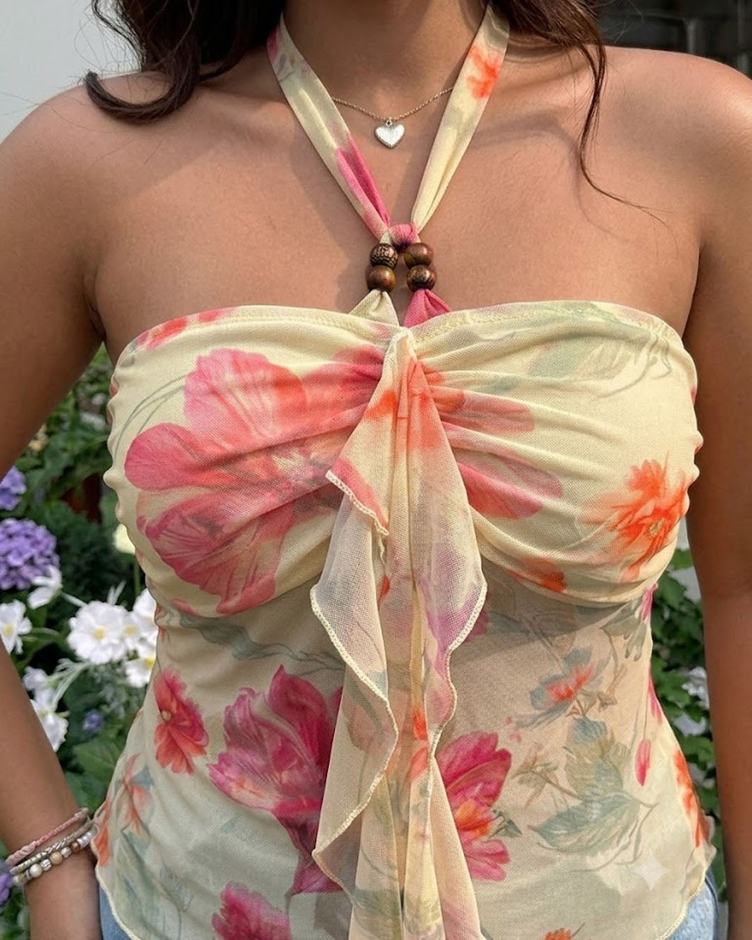 Floral Halter Neck Beaded Fitted Curve & Plus Top in Vanilla