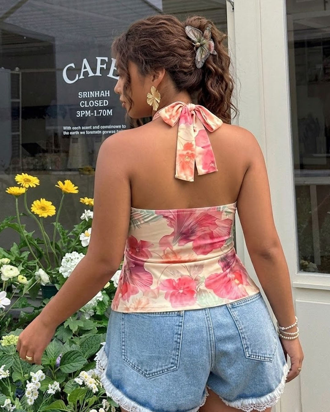 Floral Halter Neck Beaded Fitted Curve & Plus Top in Vanilla