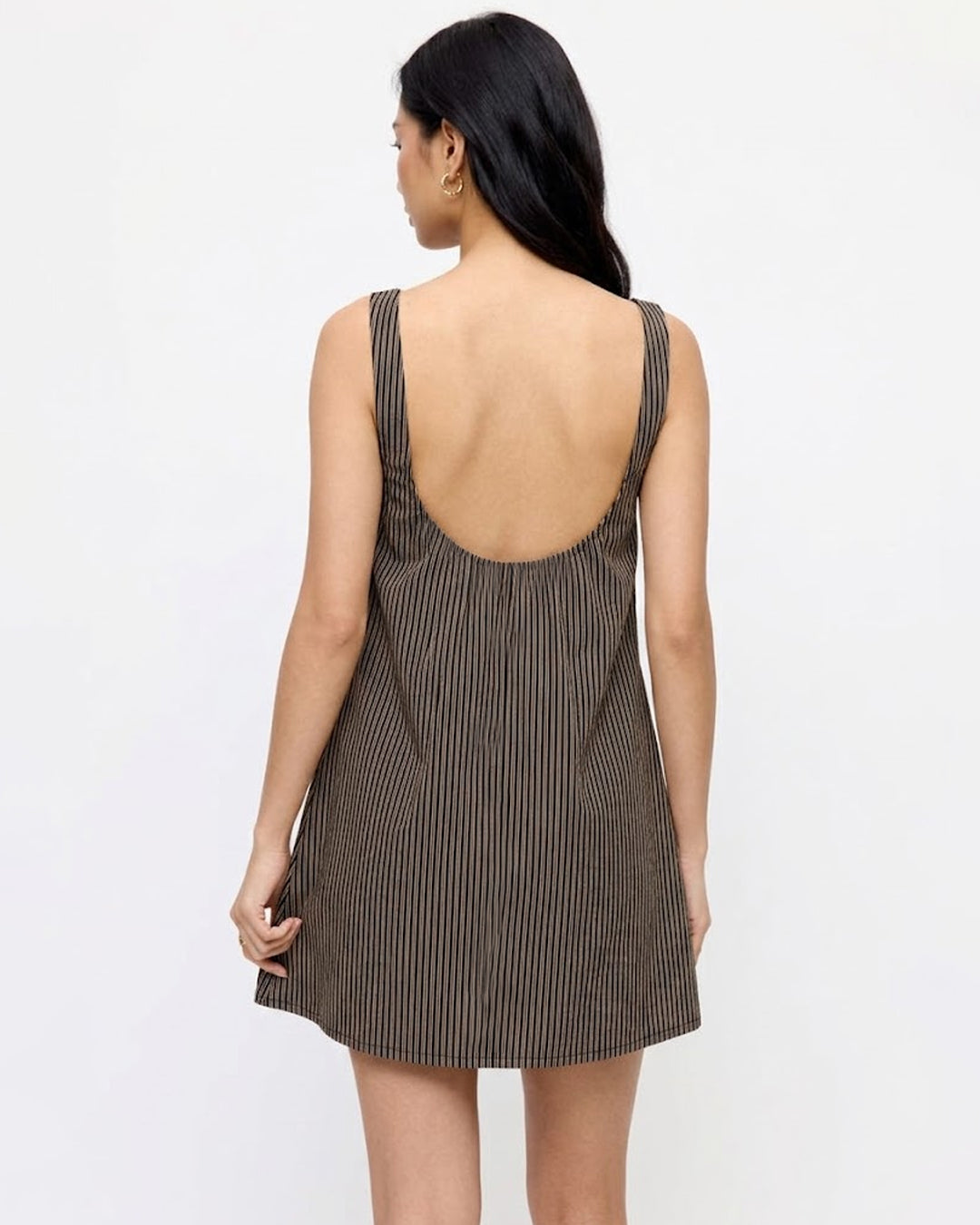 Pinstripe Button Front Open Back Mini Dress in Coffee Brown