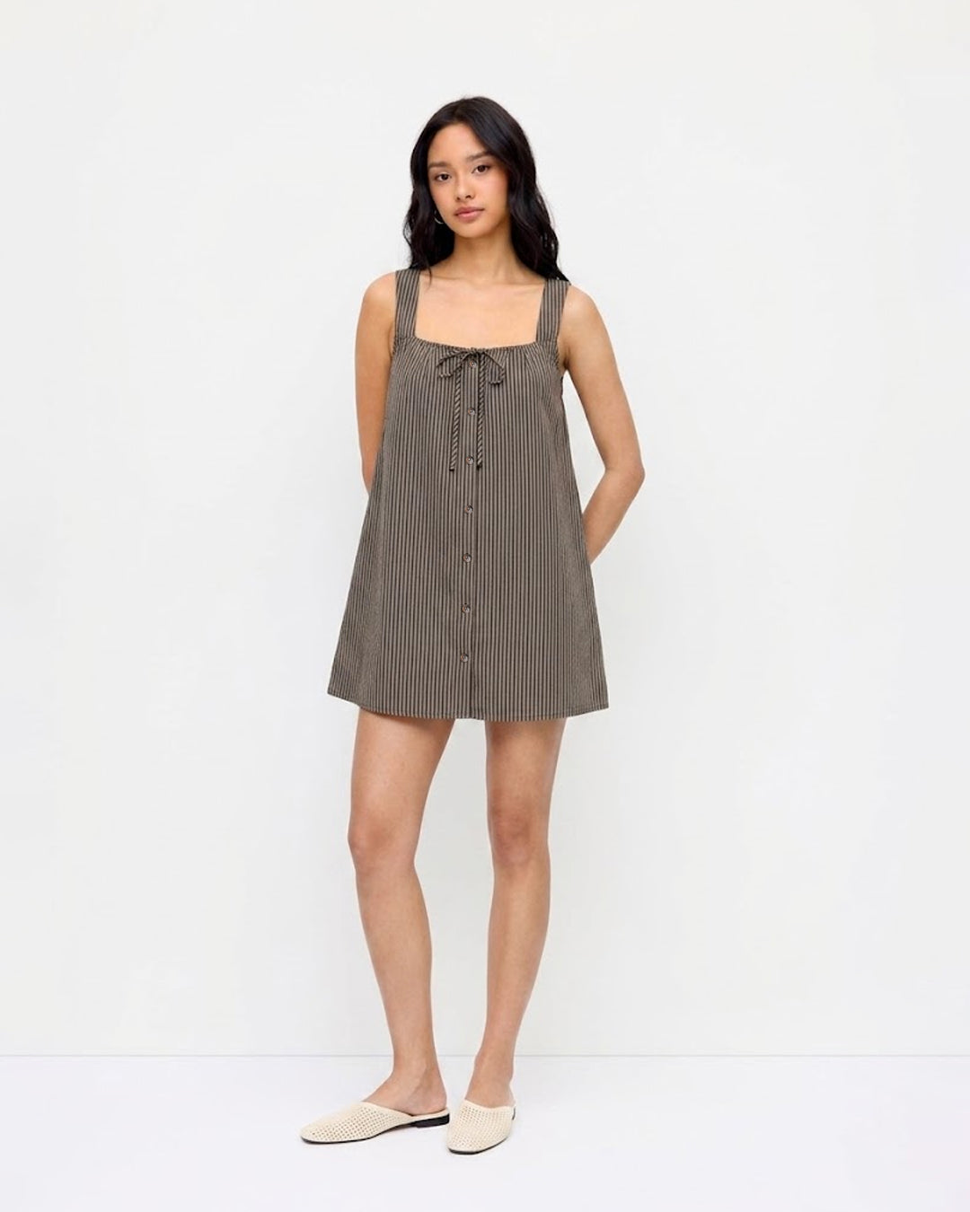 Pinstripe Button Front Open Back Mini Dress in Coffee Brown