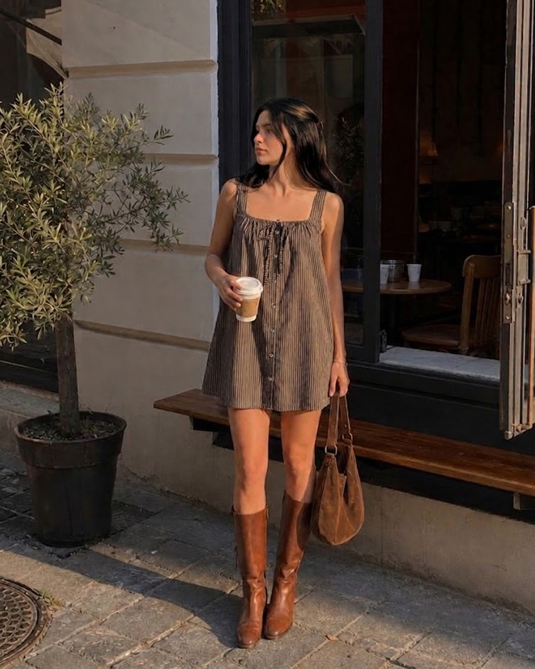 Pinstripe Button Front Open Back Mini Dress in Coffee Brown