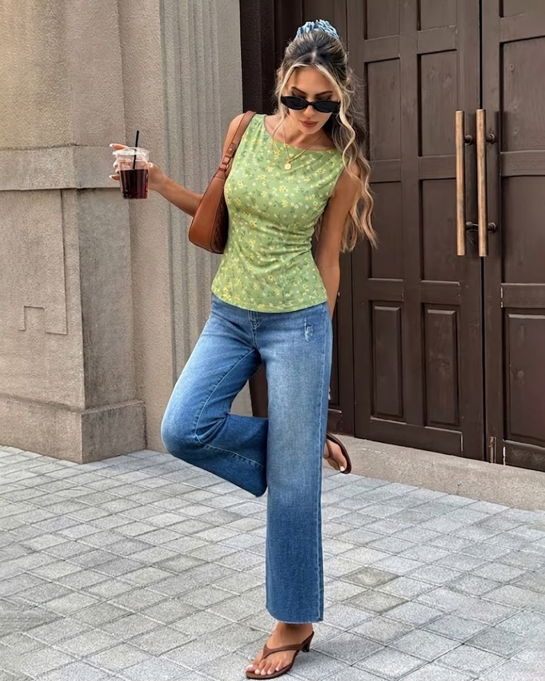 Floral Open Back Tie Sleeveless Top in Light Green