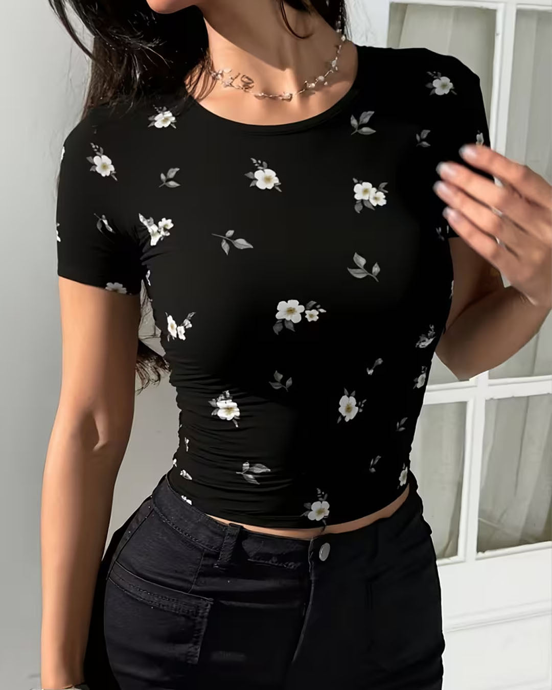 Floral Round Neck Slim Fit Top in Classic Black
