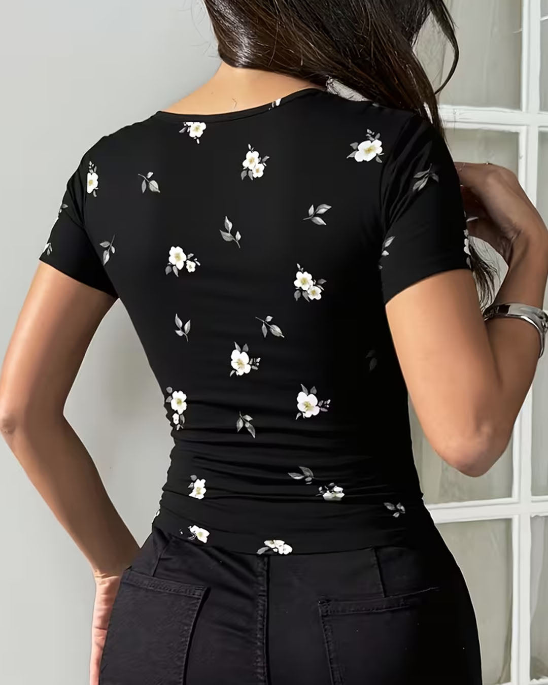 Floral Round Neck Slim Fit Top in Classic Black