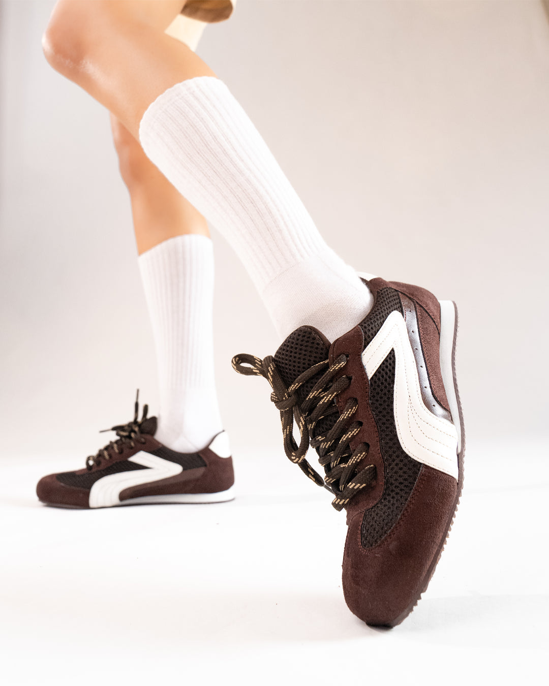 Suede Panel Laced Retro Sneakers in Chocolate Brown