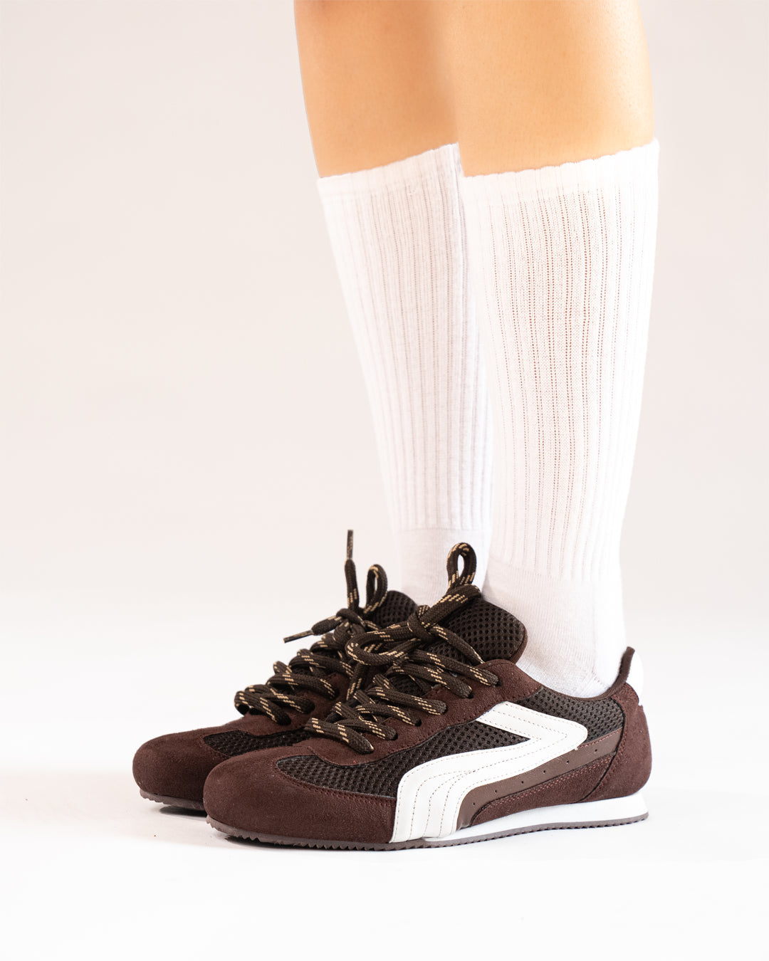 Suede Panel Laced Retro Sneakers in Chocolate Brown