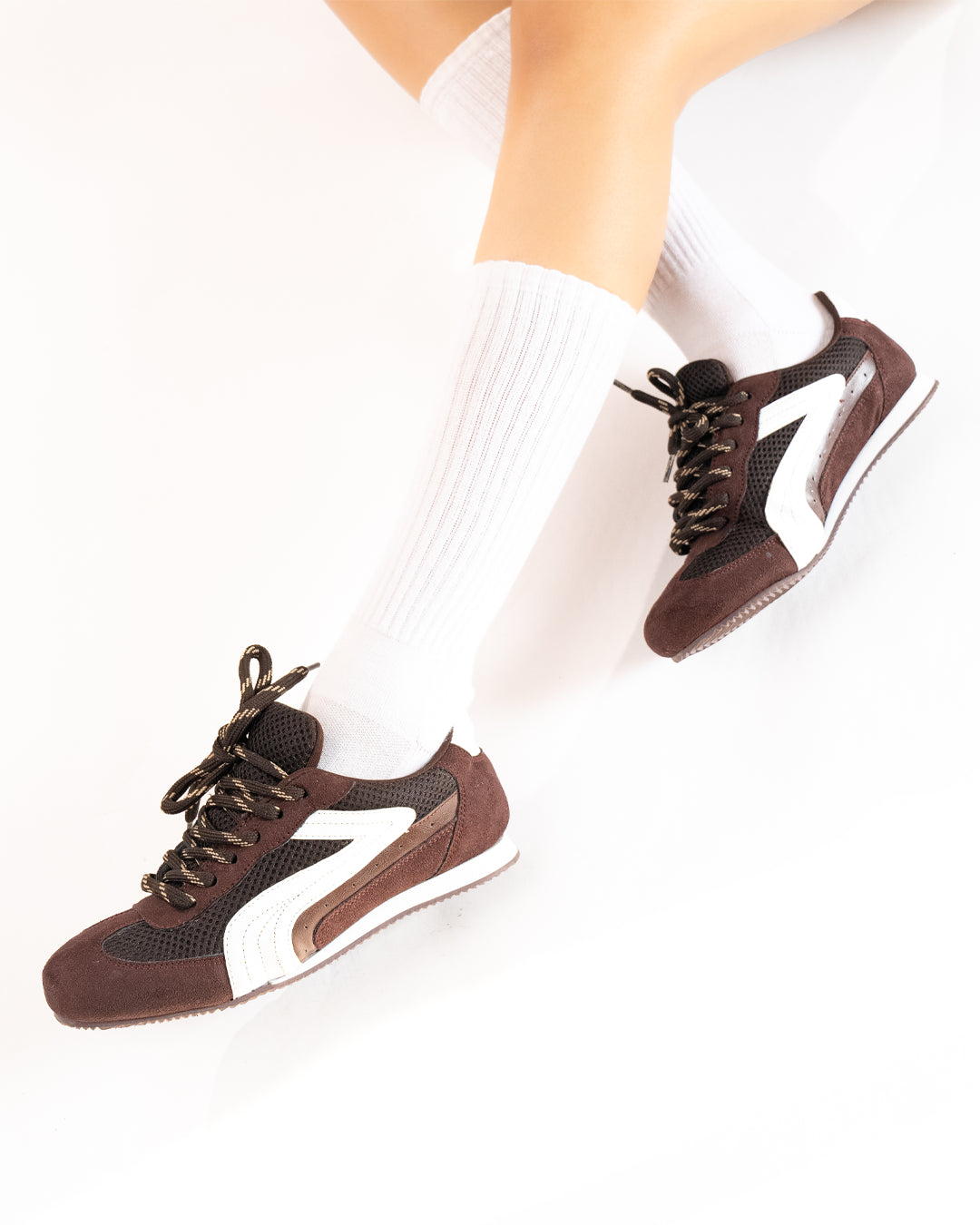 Suede Panel Laced Retro Sneakers in Chocolate Brown