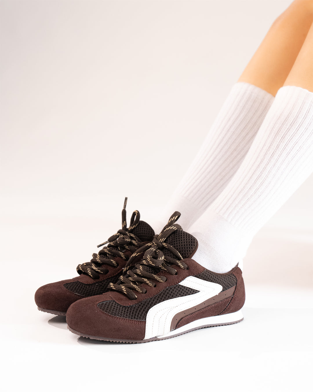 Suede Panel Laced Retro Sneakers in Chocolate Brown