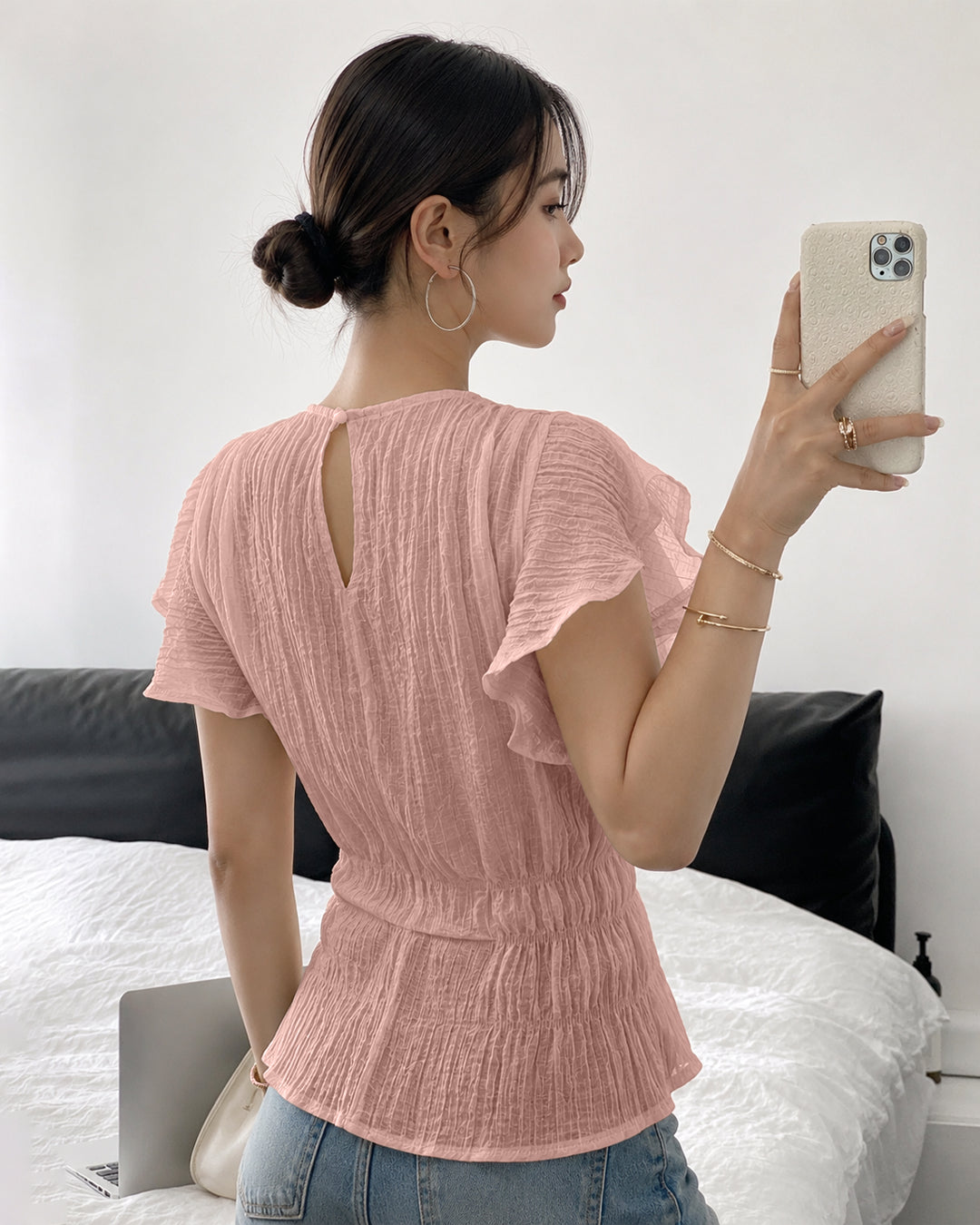 Crinkled Flutter Sleeve Peplum Top in Dusty Pink