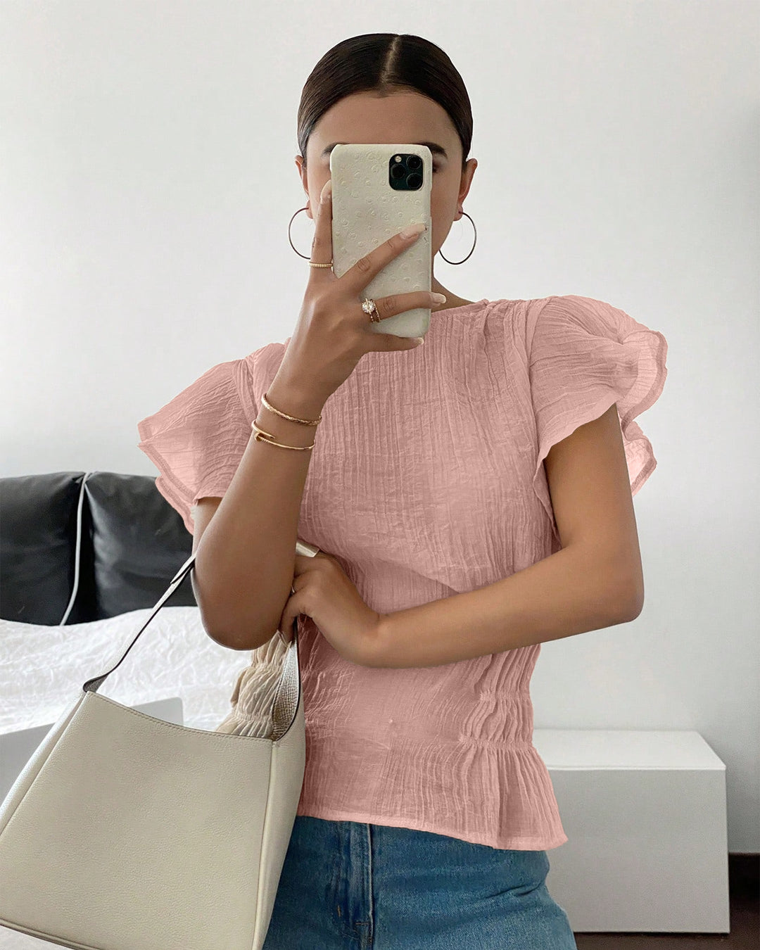 Crinkled Flutter Sleeve Peplum Top in Dusty Pink