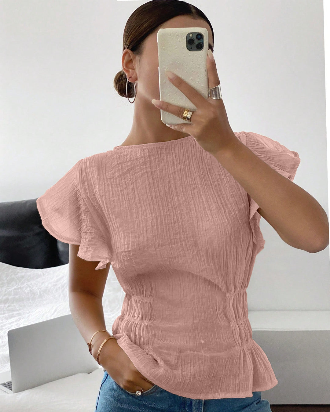 Crinkled Flutter Sleeve Peplum Top in Dusty Pink