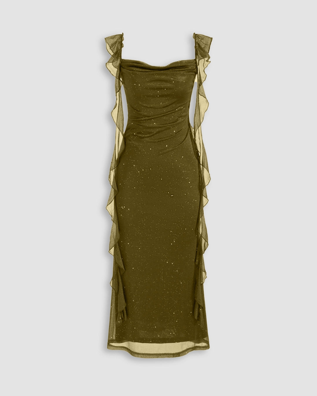 Ruched Ruffle Mesh Sleeveless Bodycon Midi Dress in Olive Green