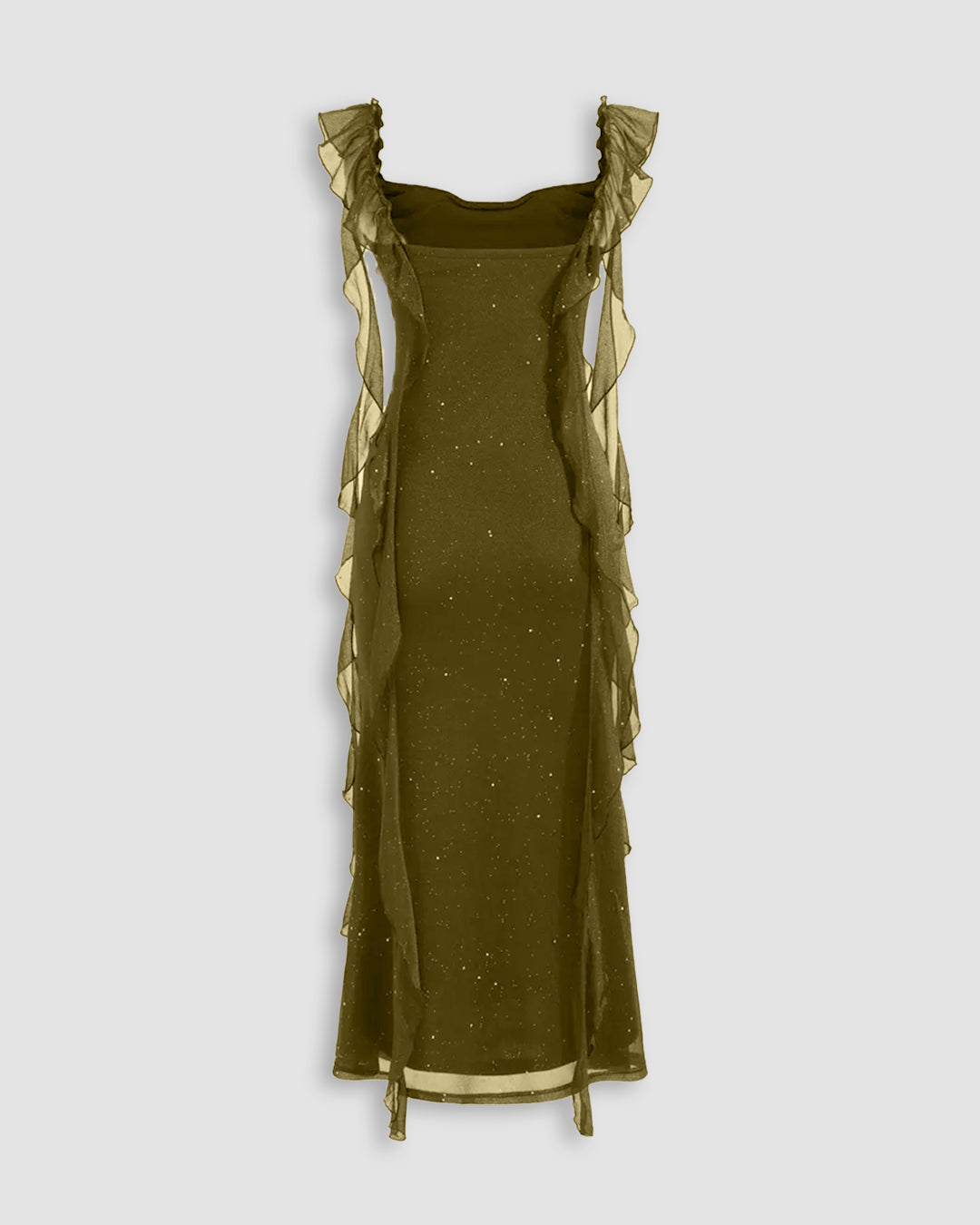 Ruched Ruffle Mesh Sleeveless Bodycon Midi Dress in Olive Green