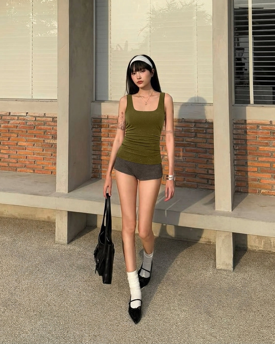 Square Neck Ruched Sleeveless Stretch Tank Top in Olive Green