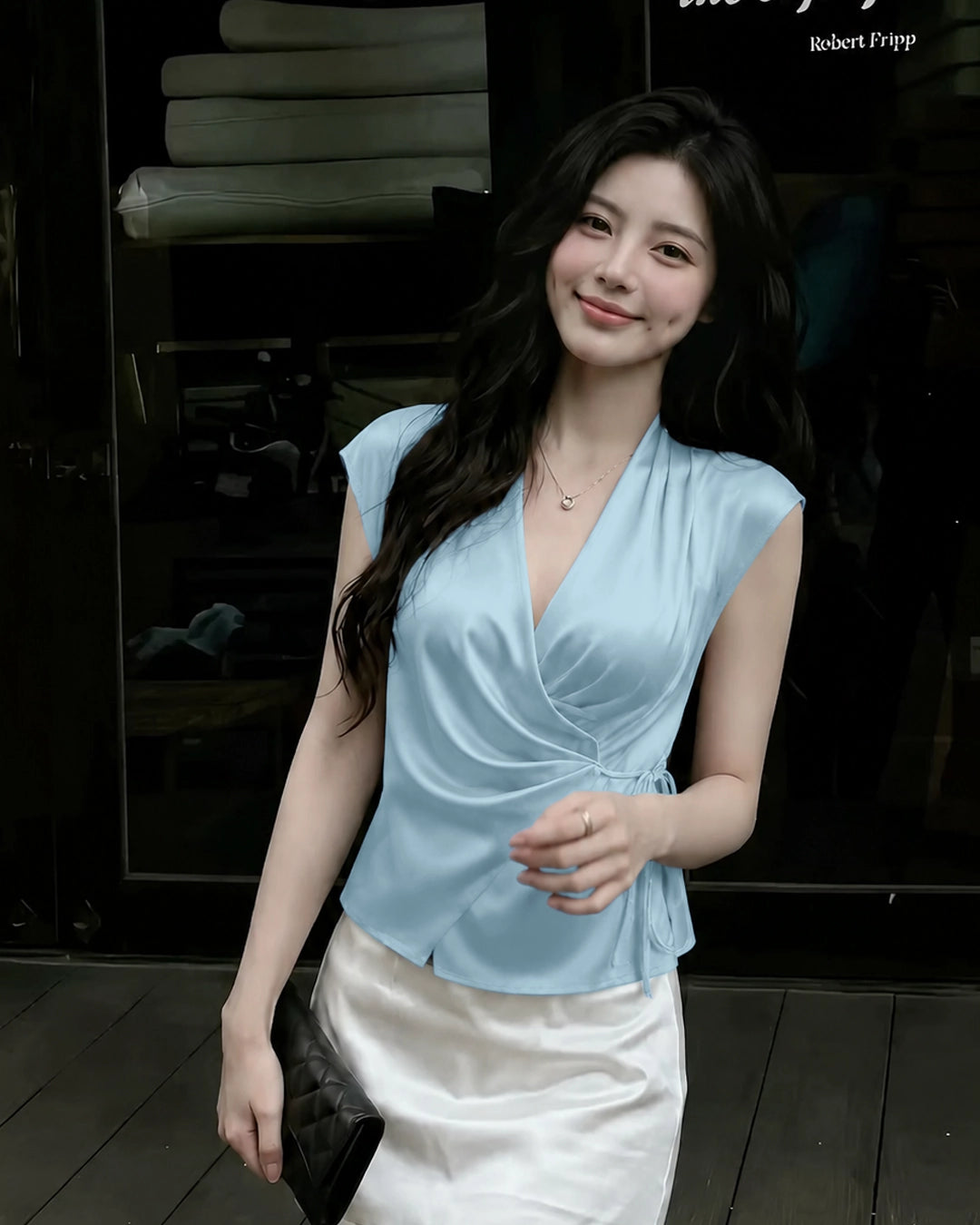 Deep V-Neck Twist Knot Asymmetrical Top in Baby Blue