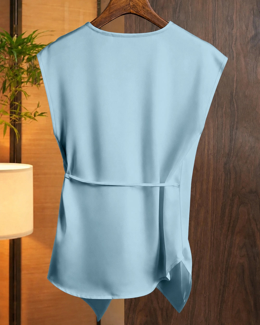 Deep V-Neck Twist Knot Asymmetrical Top in Baby Blue