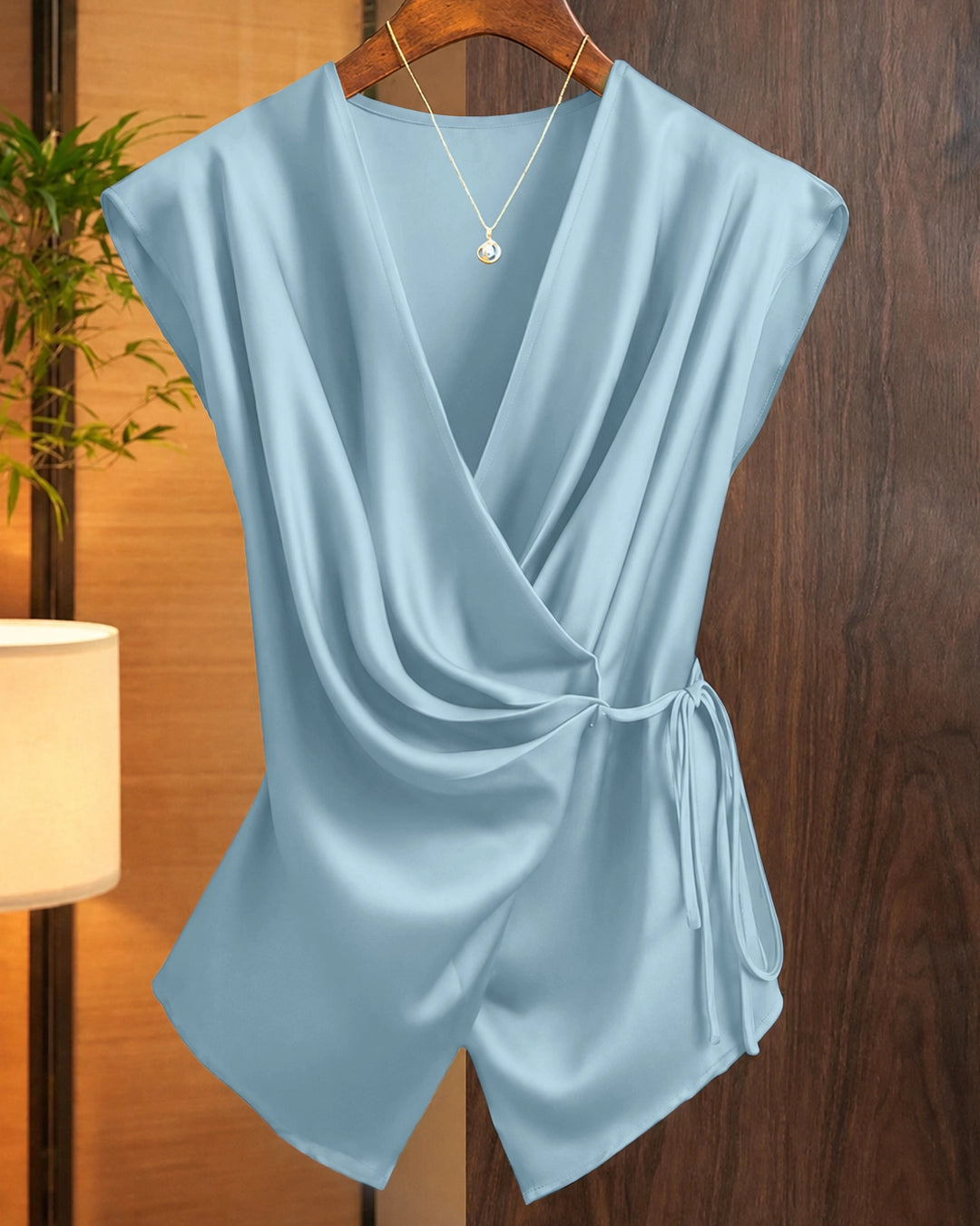 Deep V-Neck Twist Knot Asymmetrical Top in Baby Blue
