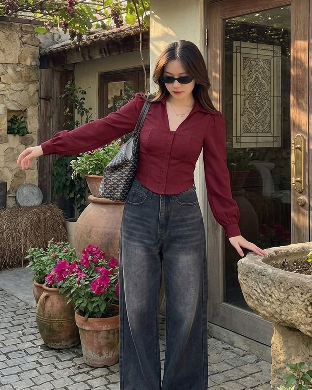 Puff Sleeve Collared Button Down Shirt in Cherry Maroon