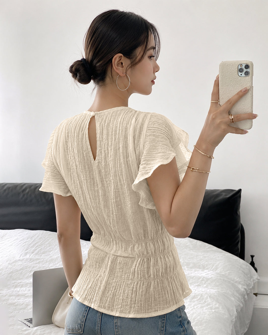 Crinkled Flutter Sleeve Peplum Top in Beige