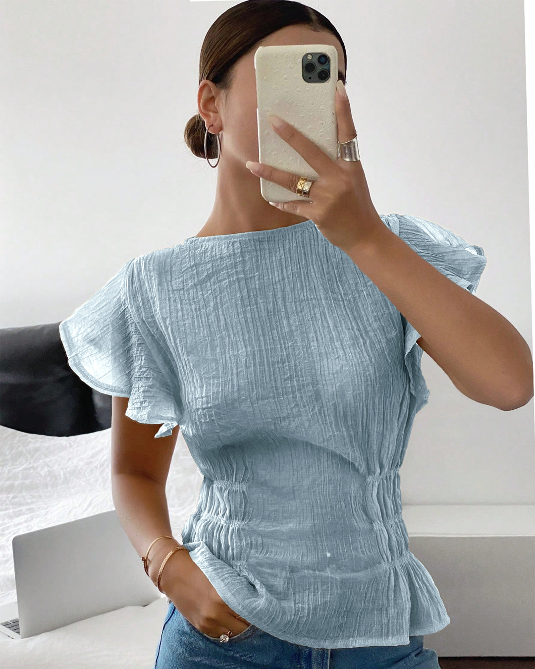 Crinkled Flutter Sleeve Peplum Top in Baby Blue