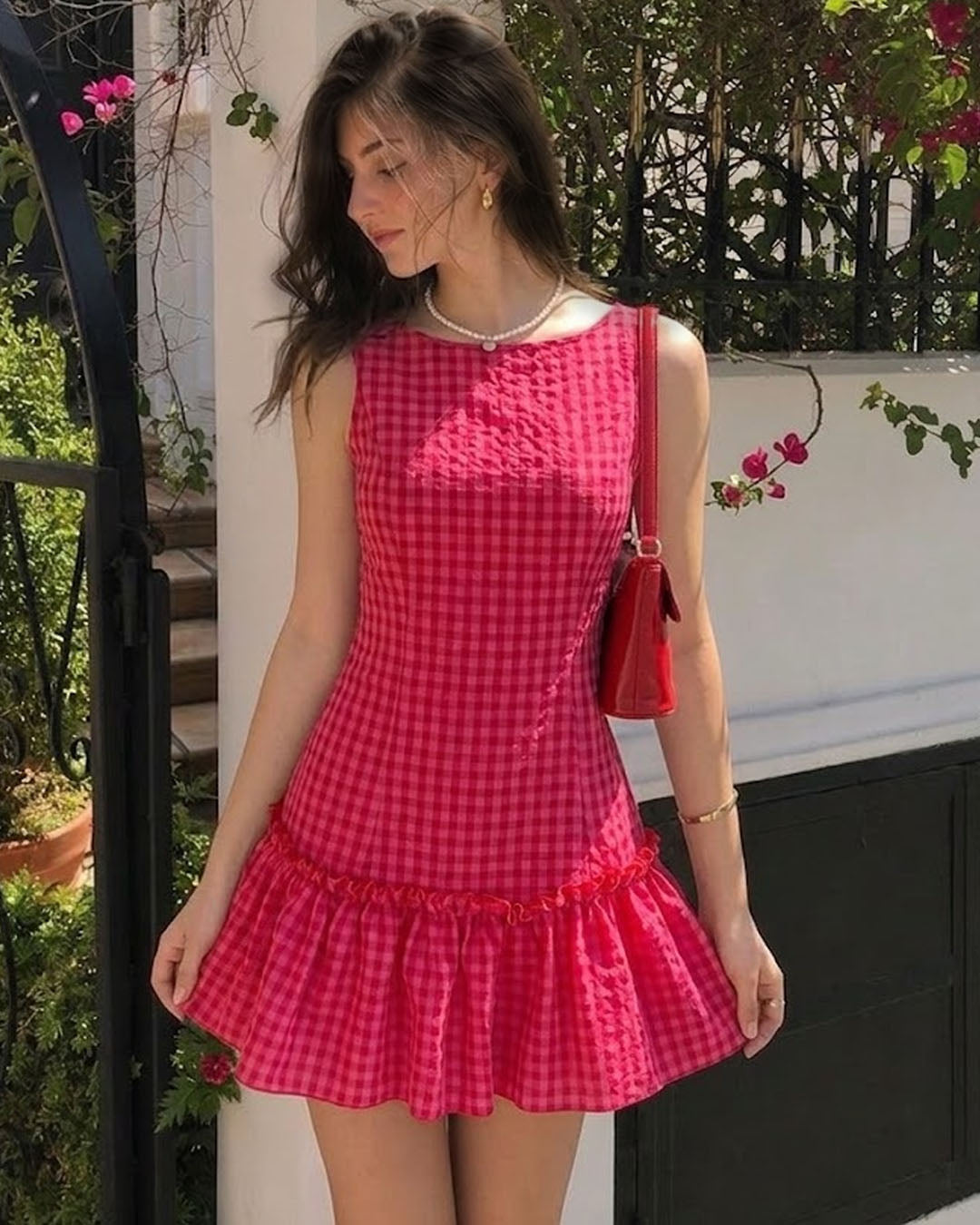 Gingham Ruffle Hem Sleeveless Mini Dress in Hot Pink