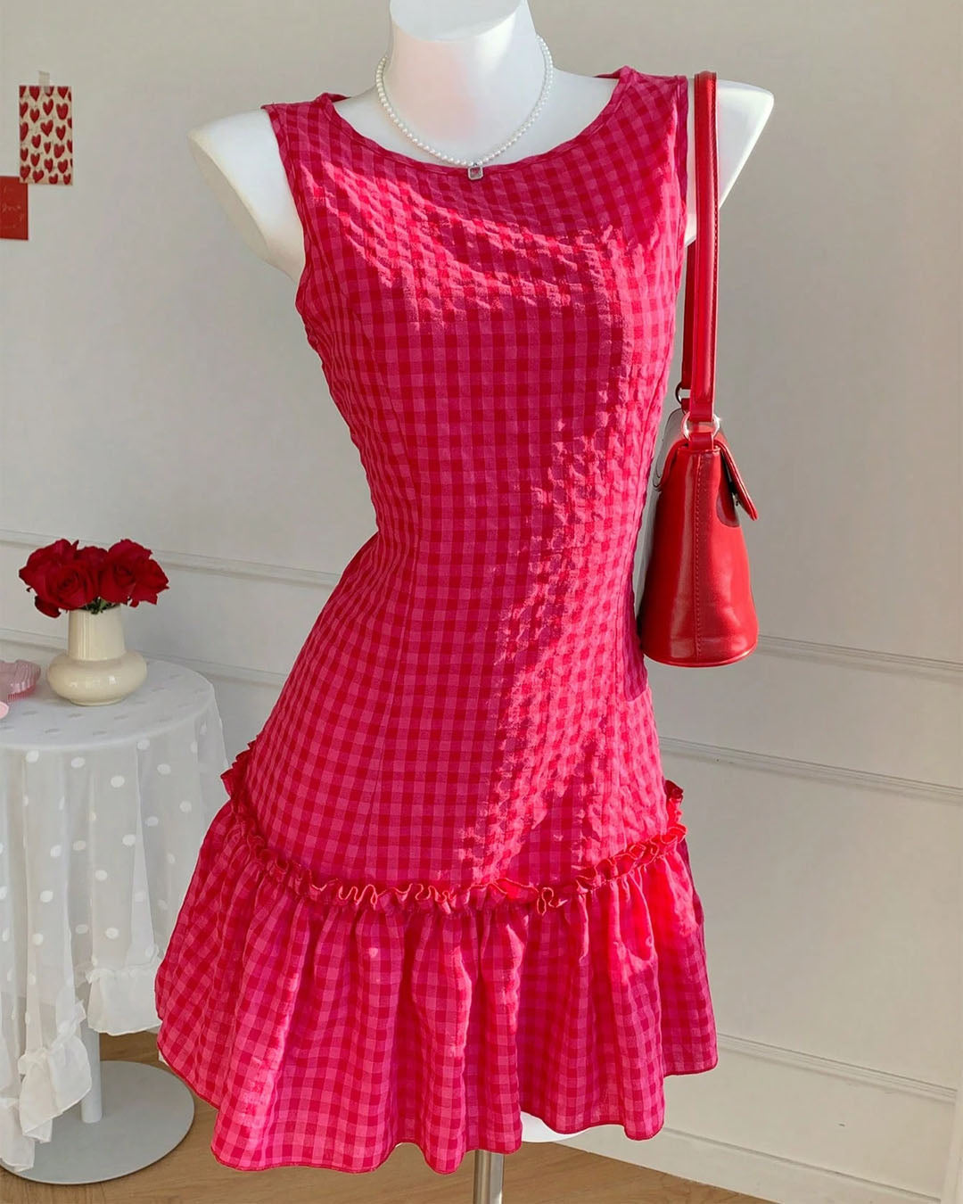 Gingham Ruffle Hem Sleeveless Mini Dress in Hot Pink