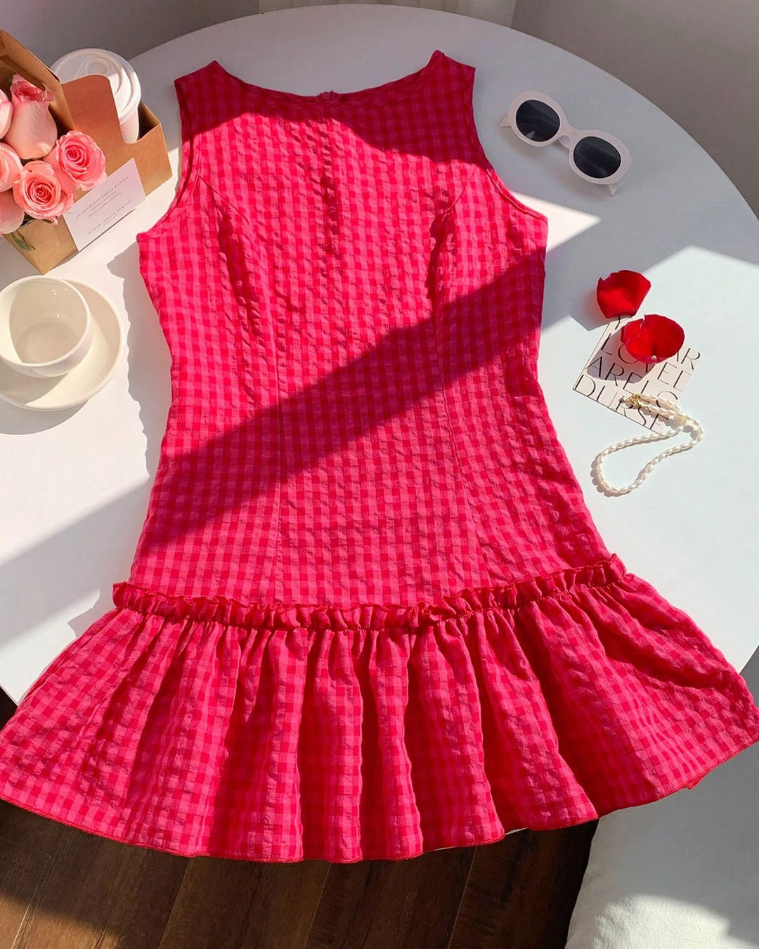 Gingham Ruffle Hem Sleeveless Mini Dress in Hot Pink