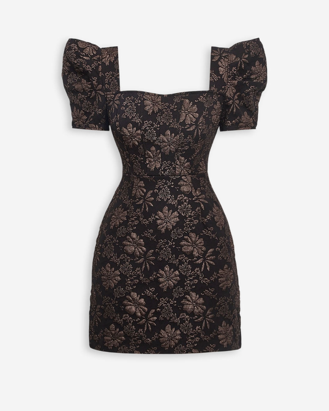 Floral Jacquard Square Neck Puff Sleeve Mini Dress in Jet Black