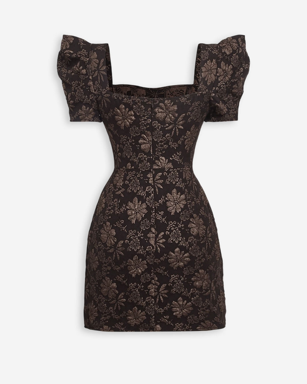 Floral Jacquard Square Neck Puff Sleeve Mini Dress in Jet Black