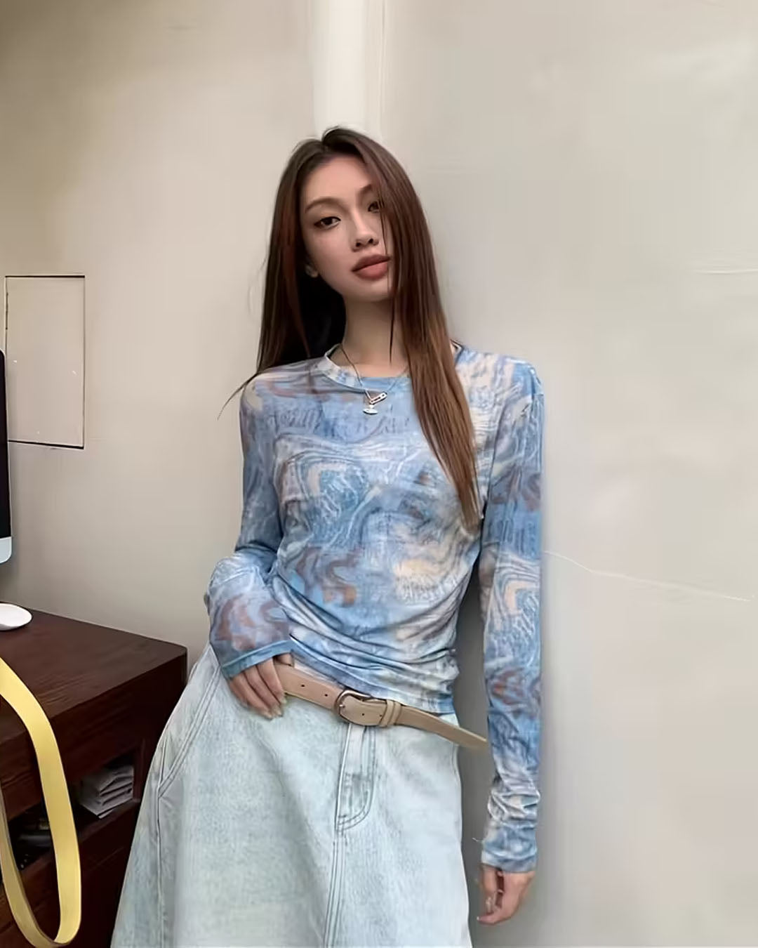 Sheer Long Sleeve Abstract Fitted Top in Baby Blue