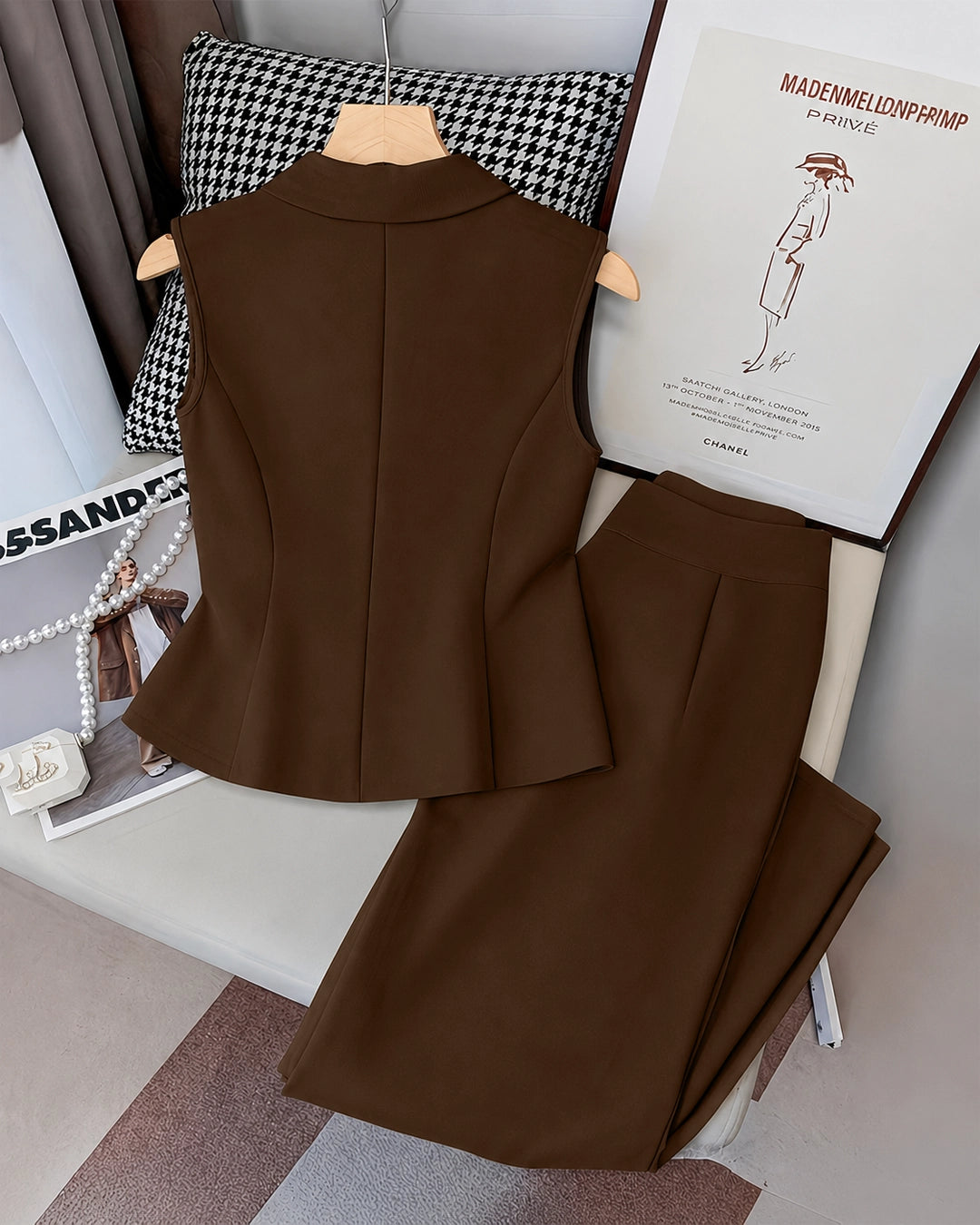 Sleeveless V-Neck Vest Button Front Blazer Top and High-Waisted A-Line Pants in Chocolate Brown