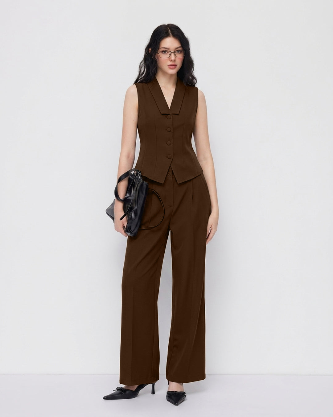 Sleeveless V-Neck Vest Button Front Blazer Top and High-Waisted A-Line Pants in Chocolate Brown