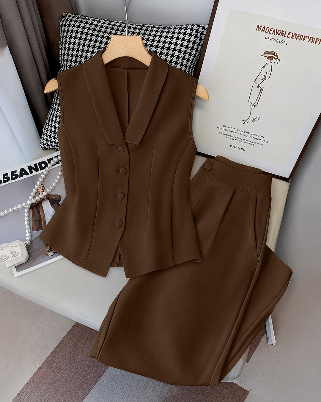 Sleeveless V-Neck Vest Button Front Blazer Top and High-Waisted A-Line Pants in Chocolate Brown