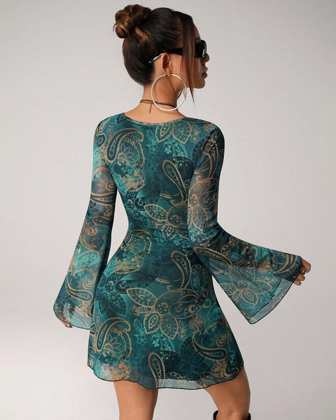 Paisley Print Lace Trim V-Neck Bell Sleeve Mini Dress in Teal Blue