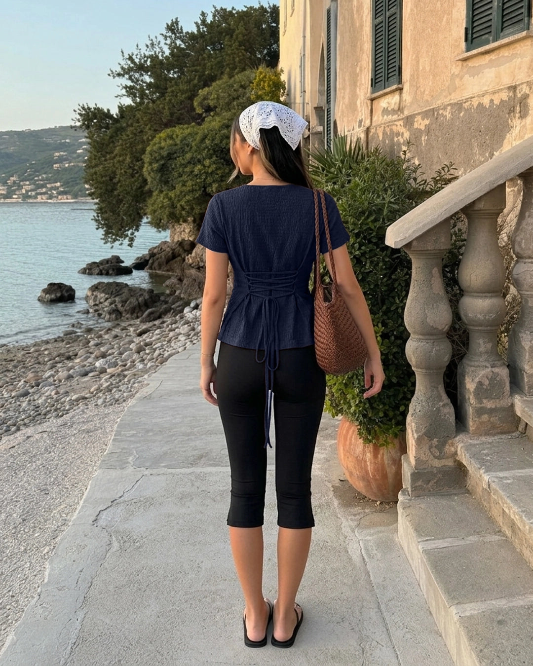 Textured Adjustable Back Fitted Top in Navy Blue