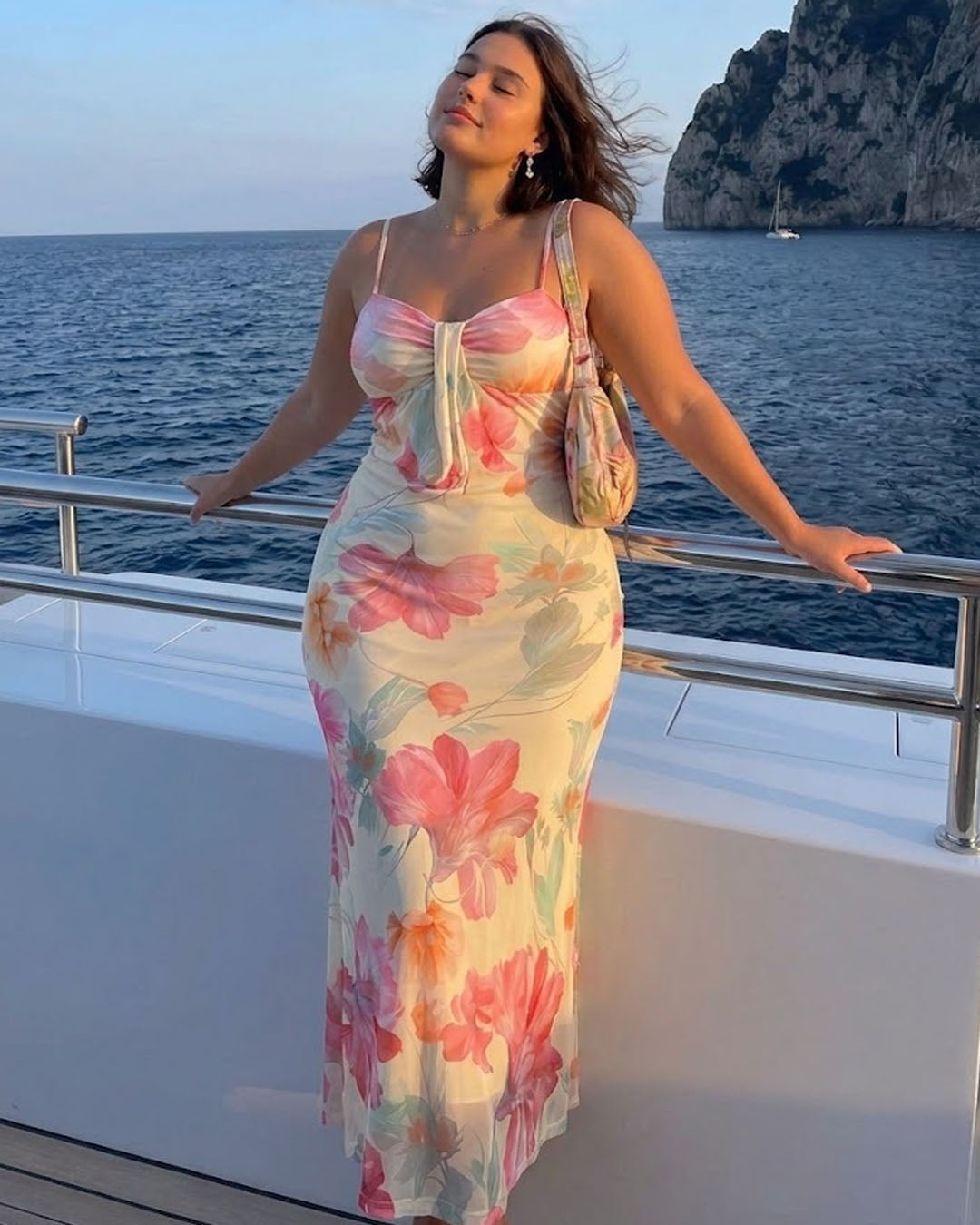 Casual Vacation Sleeveless Floral Ruched Maxi Slip Dress Curve & Plus in Cream