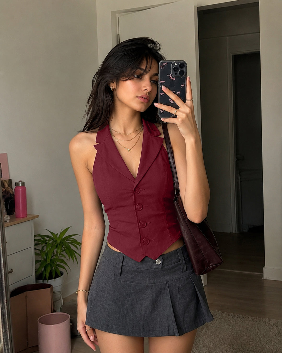 Party Halter Neck Button Front Crop Top in Cherry
