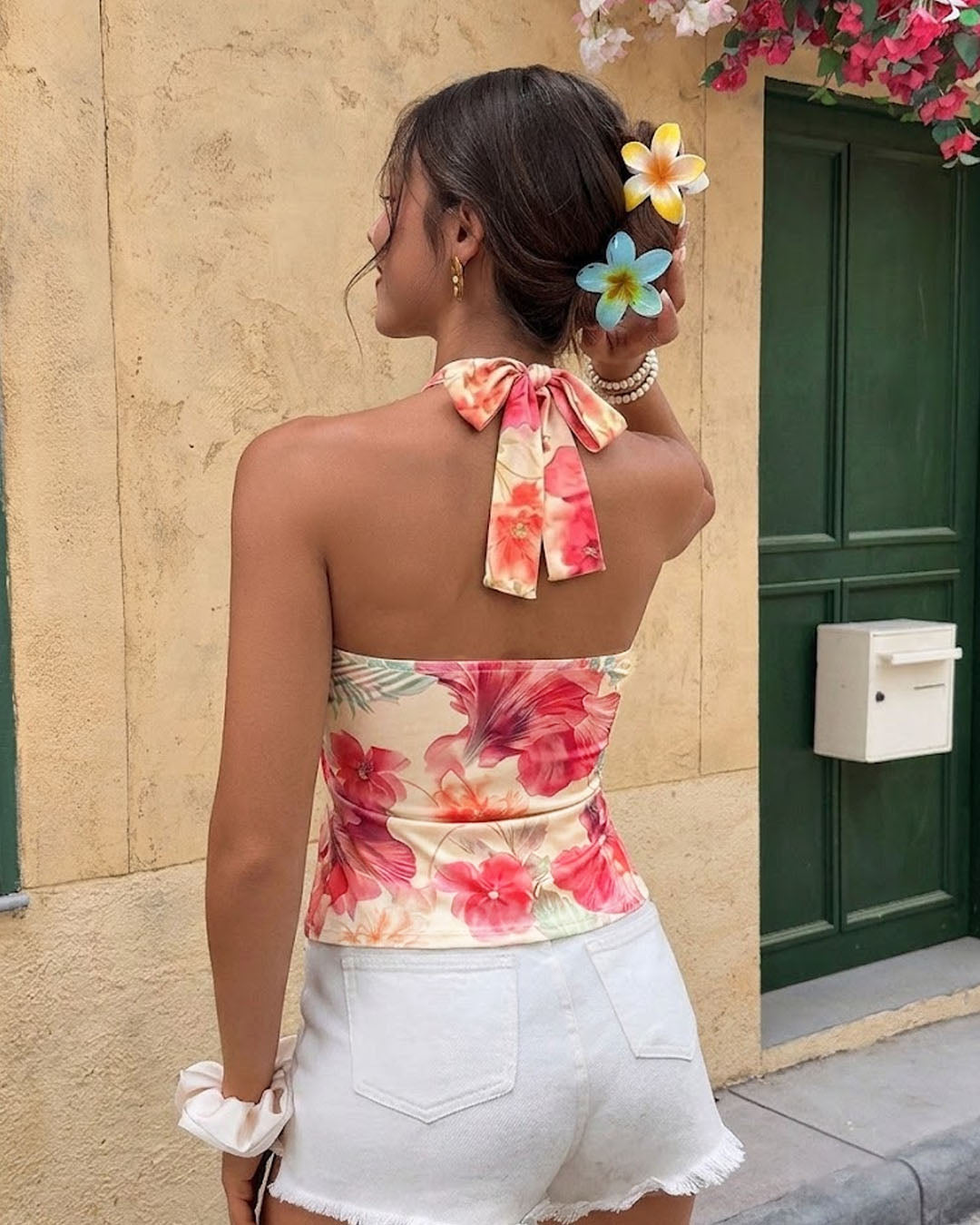 Beaded Neck Sheer Floral Top