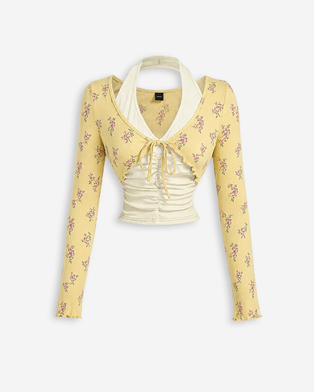 Halter Neck Straight Hem Full Sleeve 2-In-1 Crop Top in Yellow