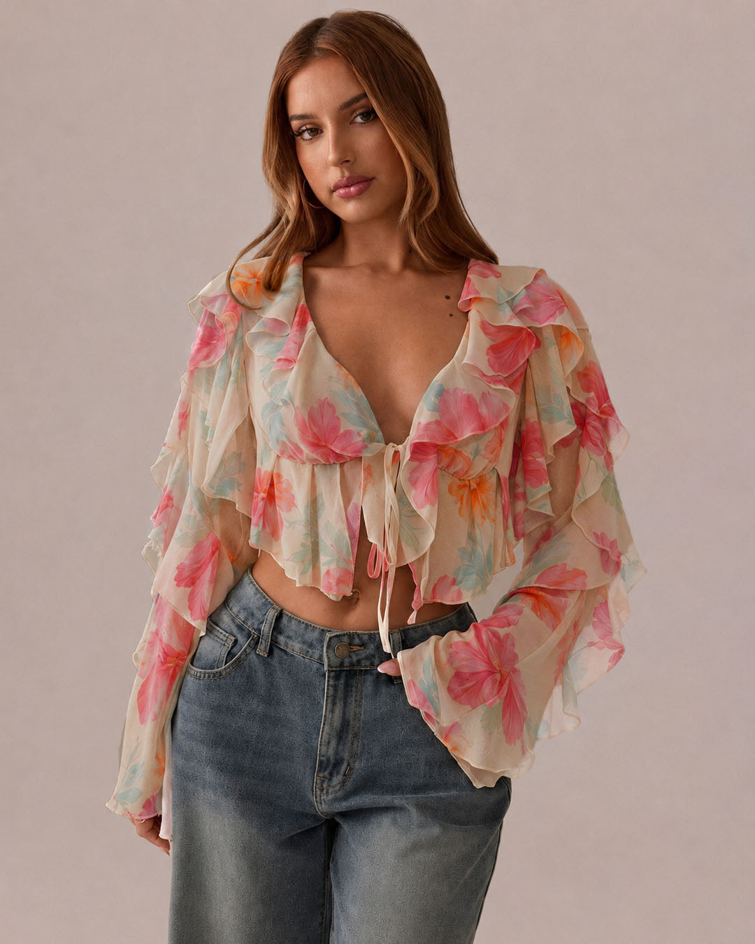 Floral Ruffle Tie Front Sheer Top in Vanilla Yellow